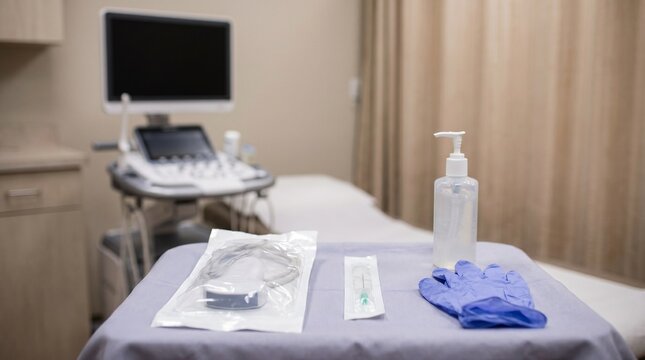 Ultrasound-guided procedure preparation with sterile probe cover, needle package, nitrile gloves and disinfectant on an examination table in a clean clinic room.