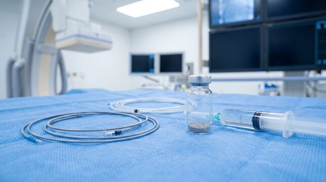 Prostate artery embolization setup with embolic microspheres vial, syringe and microcatheter on sterile blue drape in an angiography suite, concept of BPH treatment.