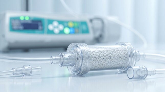 Hemoperfusion adsorber cartridge with medical tubing in a clean intensive care setting, concept of extracorporeal blood purification and critical care treatment.