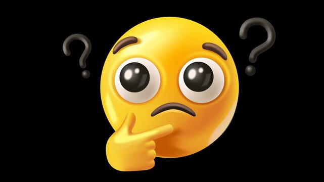 3D render of a thoughtful cartoon mascot holding its chin and looking up. Concept of thinking, wondering, making a choice, or solving a problem on a transparent alpha channel