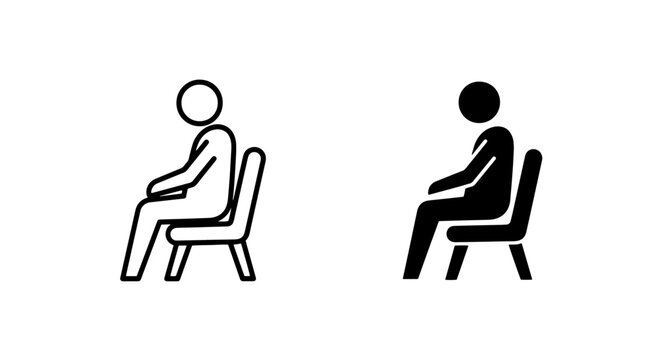 Set of side view person sitting on a chair icons in outline and solid style with furniture