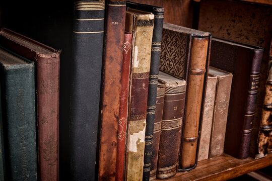 Libros antiguos y encuadernaciones hist&oacute;ricas en estanter&iacute;a de biblioteca cl&aacute;sica