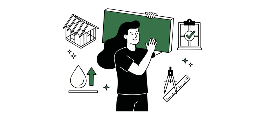 Female builder carrying construction material for home renovation project. Minimalist vector style illustration of woman architect with house frame, drafting tools, and approved inspection checklist.