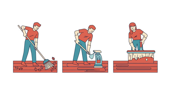 People performing wooden deck maintenance and cleaning