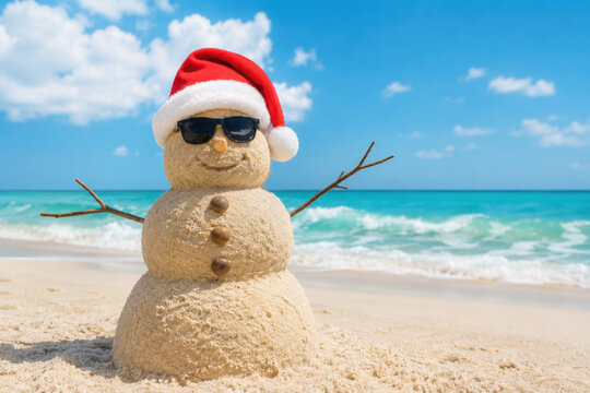 Smiling Santa sandy snowman in red santa hat and stylish sunglasses smiling on the sea beach with copy space, concept of winter holiday, Merry Christmas, happy summer time.