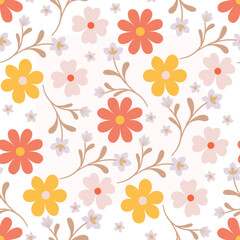 Fototapeta premium Cottagecore Summer Wildflower Seamless Pattern with Soft Pink Blossoms and Botanical Branches