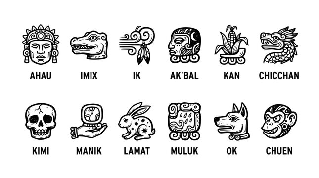 Set of mayan tzolkin calendar day signs