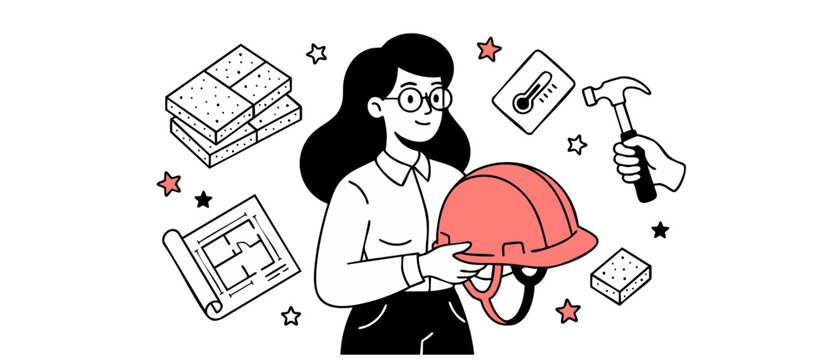Female architect holding hard hat surrounded by construction tools blueprints and insulation icons symbolizing project planning energy efficiency home renovation in a modern minimalist line art doodle