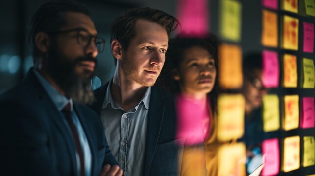Close medium shot emphasizing focused expressions of a collaborative microfinance group reviewing risk heatmaps with vibrant sticky notes and devices softly fading into the heated