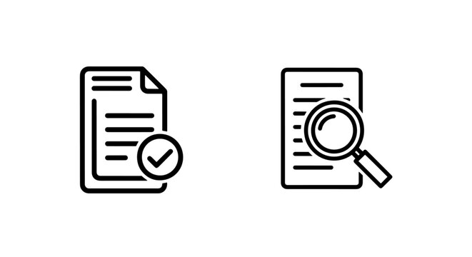 Document verification and search magnifying glass line icons set with document, verification