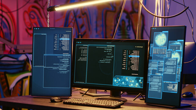 High-tech computer systems running malicious code in messy empty criminals hideaway, virus script running on PC monitors in empty neon lit warehouse used by hackers.
