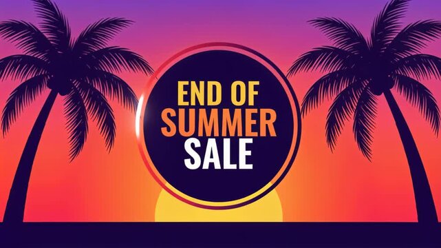 End of Summer Sale with Palm Trees and Sunset: A vibrant graphic illustration featuring two silhouetted palm trees framing a sunset with a central circular badge announcing END OF SUMMER SALE.
