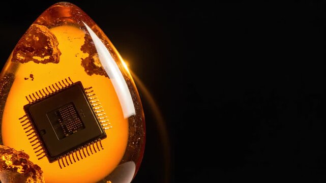 Computer processor chip suspended inside glowing amber resin. Electronic component fossilized in droplet shape artifact representing advanced technology and history