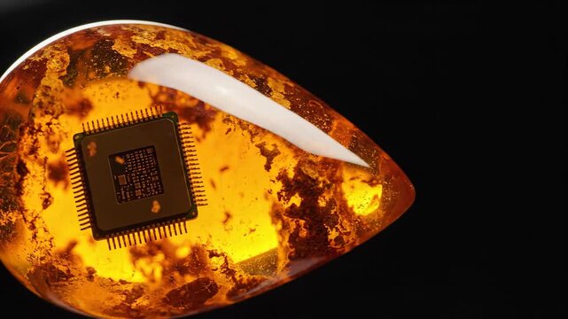 Computer processor embedded inside amber stone. Electronic chip frozen in fossilized resin. Technology integration in nature concept for historical data storage