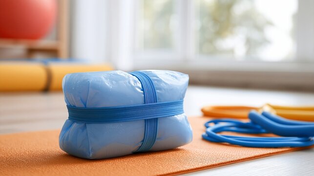 Medium closeup of an instant cold pack wrapped around an ankle with a reusable elastic band set in a bright home workout corner with a yoga mat and resistance bands blurred in the