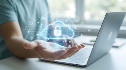 Fototapeta premium Cloud Security Concept with Digital Padlock Icon over Laptop