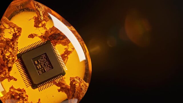 Microchip embedded in translucent amber resin. Computer processor inside fossilized stone. Electronic component stored in solidified organic material for preservation