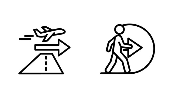 Set of travel and movement airport signage icons for terminal directions with direction, navigation