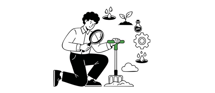 Soil testing scientist analyzing agricultural soil quality with magnifying glass and sampler tool, minimalist flat vector line art illustration of ecological research and modern smart farming concept.
