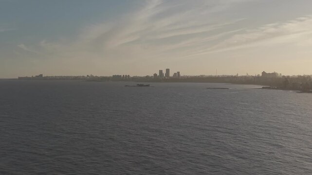 Drone Sunset Over Montevideo Bay Skyline  Uruguay