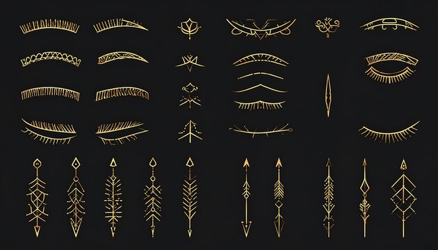 Assortment of gold decorative design elements on a black background. Includes different shapes of stylized eyelashes, eyebrows, and ornate arrows