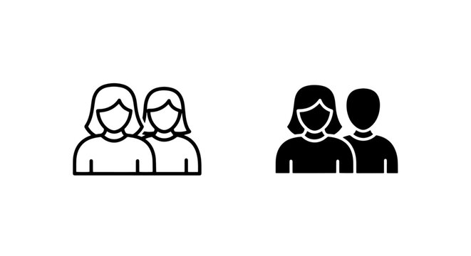 Two women line and solid icons set with illustration portrait minimalist pictogram silhouette
