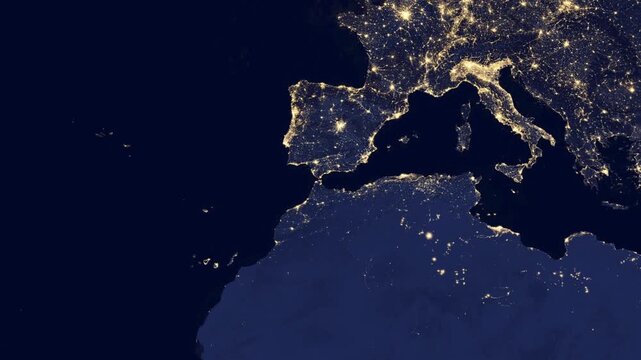 Seamless satellite zoom out from Strait of Gibraltar at night.