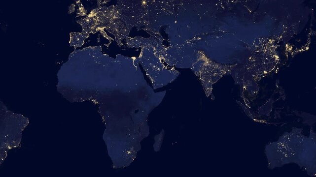 Satellite view zoom into Bab-el-Mandeb Strait at night.