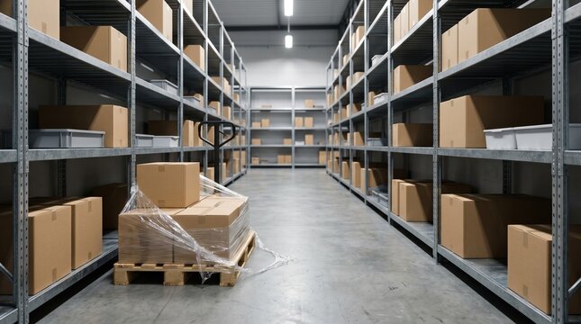 Empty Warehouse Shelving With Blank Cartons During Inventory Slowdown