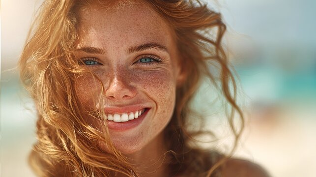 Beautiful young woman with messy ginger hair and natural freckles smiling brightly while enjoying a warm sunny summer beach day