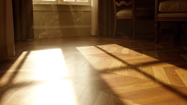 Afternoon sunbeams creating patterns on a classic parquet floor.