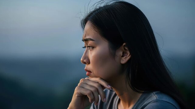 Contemplative Woman at Dusk: A young woman with long dark hair gazes thoughtfully into the distance as dusk settles, her hand resting on her chin, lost in introspection.