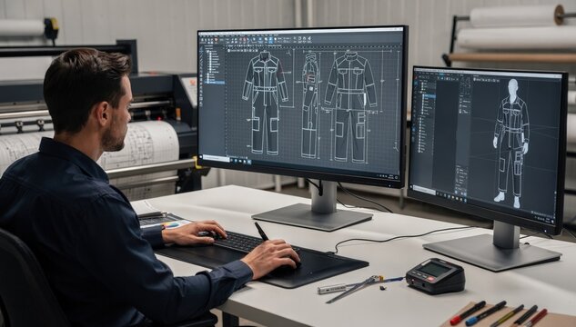 Medium shot of a designer using digital plotting software to create precise multipanel patterns for fullbody protective coveralls showcasing innovative drafting technology.