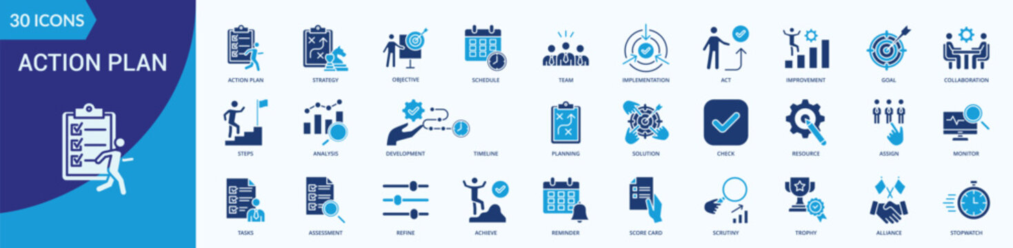 Action Plan Icon Set Illustration vector Flat Blue Style