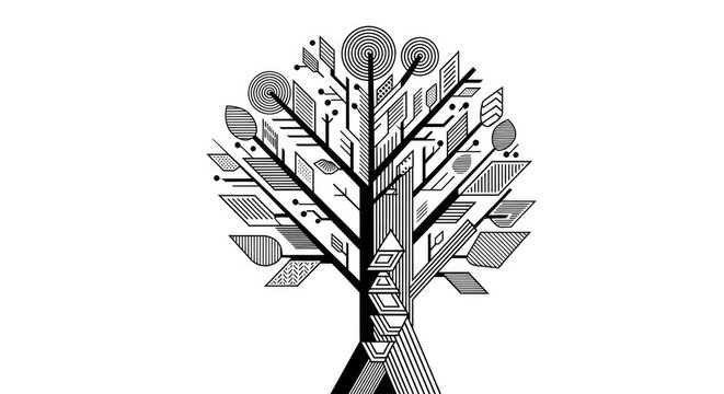 Stylized Geometric Tree Illustration with Abstract Shapes. Modern Black and White Nature Technology Design. Digital Art Concept.