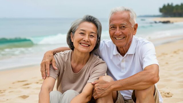 Golden Years Together: A radiant elderly couple, embracing each other on a sandy beach, share a tender moment with the ocean waves as their backdrop. Their smiles exude happiness and enduring love.