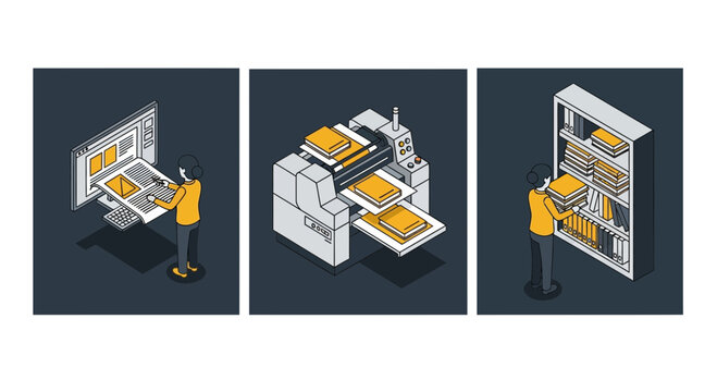Book Publishing Process Isometric Vector Concept