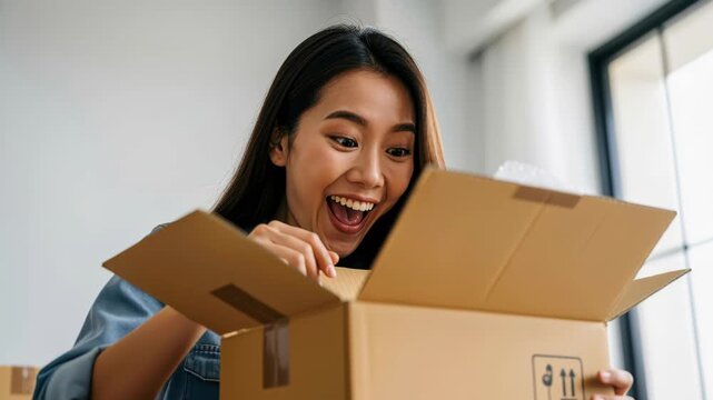 Unboxing Delight: A young woman's face lights up with pure joy and surprise as she opens a cardboard box, revealing its contents. The moment captures the excitement of receiving a new item.