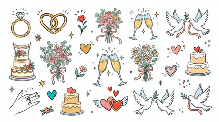 Fototapeta premium Set of playful hand drawn wedding and romance illustrations. Doodle drawings of engagement rings, wedding cakes, bridal bouquets, champagne flutes, hearts, and doves. Line art in retro style, isolated