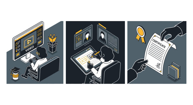Isometric Online Education and E-learning Certification Process Set