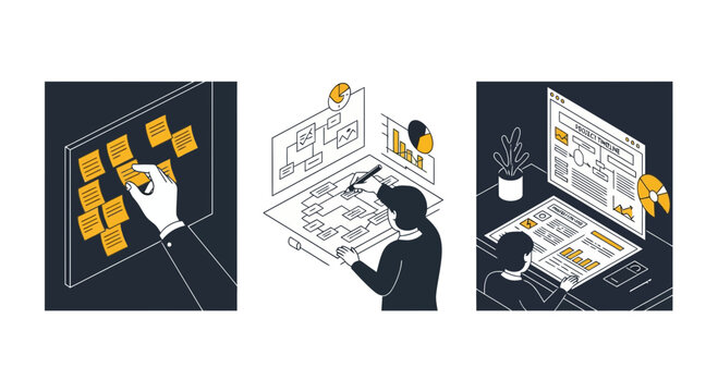 Business Project Planning and Workflow Management Vector Illustrations