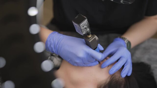 Professional cosmetic lip tattoo application on client by beauty technician under ring light
