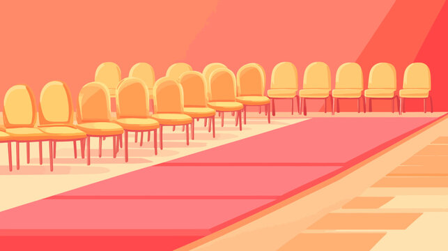 Rows of peach chairs line a warm stage with soft shadows on a coral runway glow!