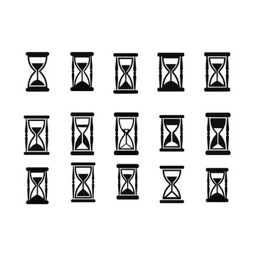 Hourglasses in various stages on white background.