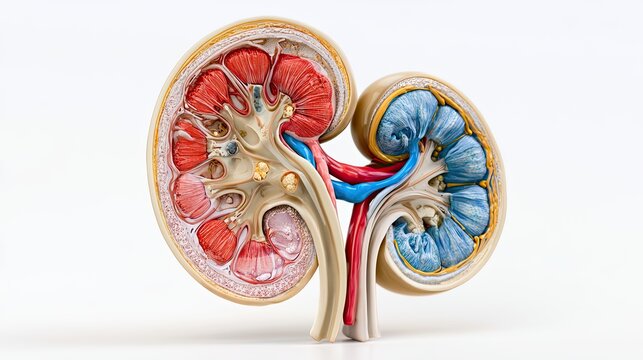 3D human kidney cross-section anatomical model, nephron blood vessel urinary tract structure, urology organ illustration for medical education promotion