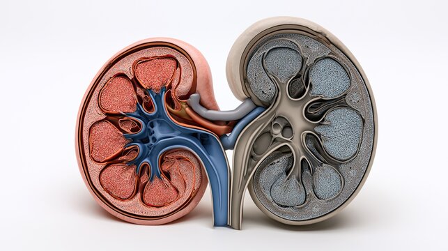 3D human kidney cross-section anatomical model, nephron blood vessel urinary tract structure, urology organ illustration for medical education promotion