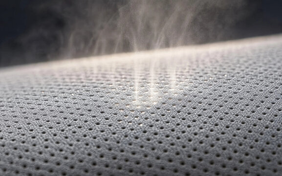 Soft steam rising from a perforated white leather material surface, showcasing advanced breathable textile technology and premium comfort features in close-up.