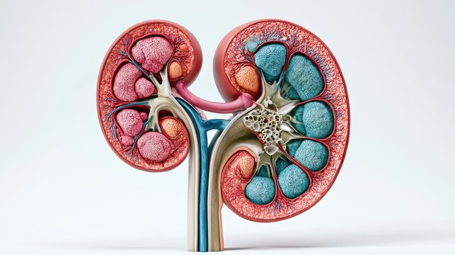3D human kidney cross-section anatomical model, nephron blood vessel urinary tract structure, urology organ illustration for medical education promotion