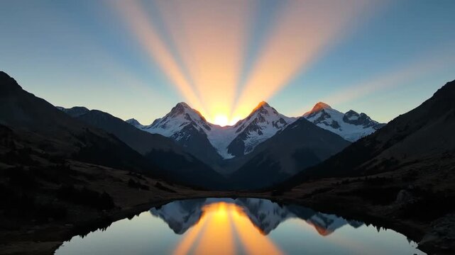 Blue dawn sky and mountain silhouette reflecting in still lake.
