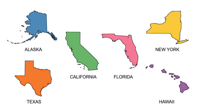Colorful Maps of Popular US States: Alaska, Texas, California, Florida, Hawaii, New York